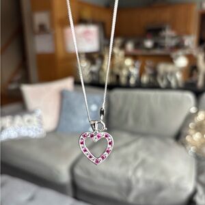 Beautiful White Sapphire and ruby sterling silver heart pendant necklace